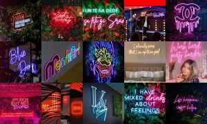 Beroemdheden Kleurrijke neonlichten in roze, blauw en groen voor retro interieurdesign