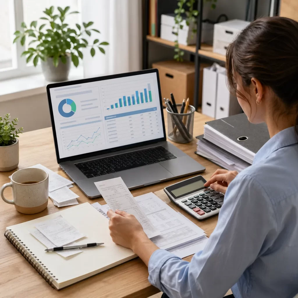 Een ondernemer verwerkt rustig facturen en bonnetjes voor de btw-aangifte.