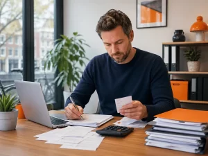Beroemdheden Zelfstandige ondernemer werkt aan zijn administratie met laptop, bonnetjes en documenten.