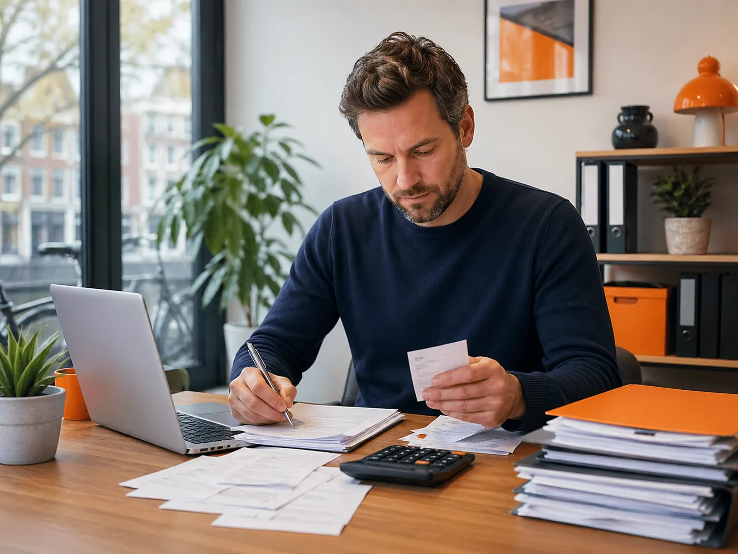 Zelfstandige ondernemer werkt aan zijn administratie met laptop, bonnetjes en documenten.