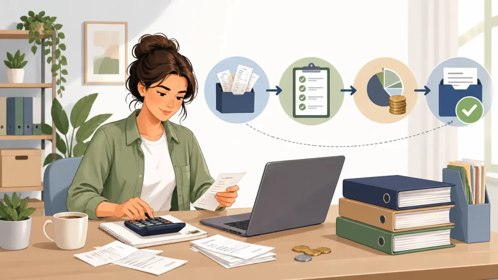 Een startende ondernemer ordent facturen, bonnetjes en administratie voor haar eerste btw-aangifte.