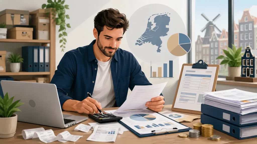 Ondernemer bereidt zijn btw-aangifte voor met administratie, cijfers en documenten.