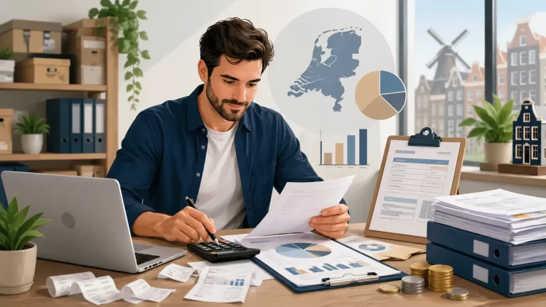 Ondernemer bereidt zijn btw-aangifte voor met administratie, cijfers en documenten.