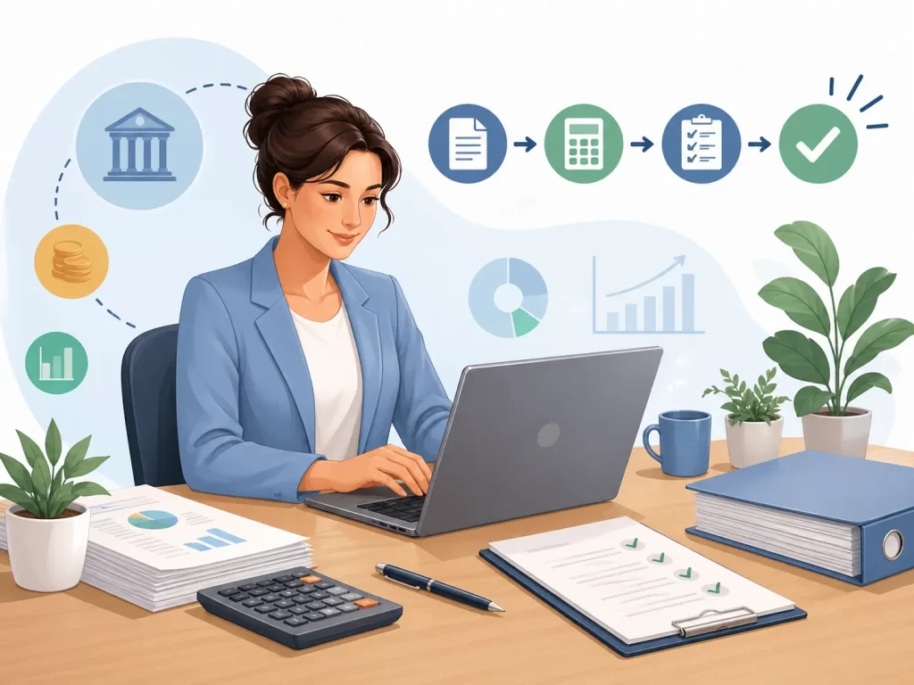 Een overzichtelijke illustratie van een professional die stap voor stap de btw-aangifte voorbereidt met documenten, calculator en checklist.