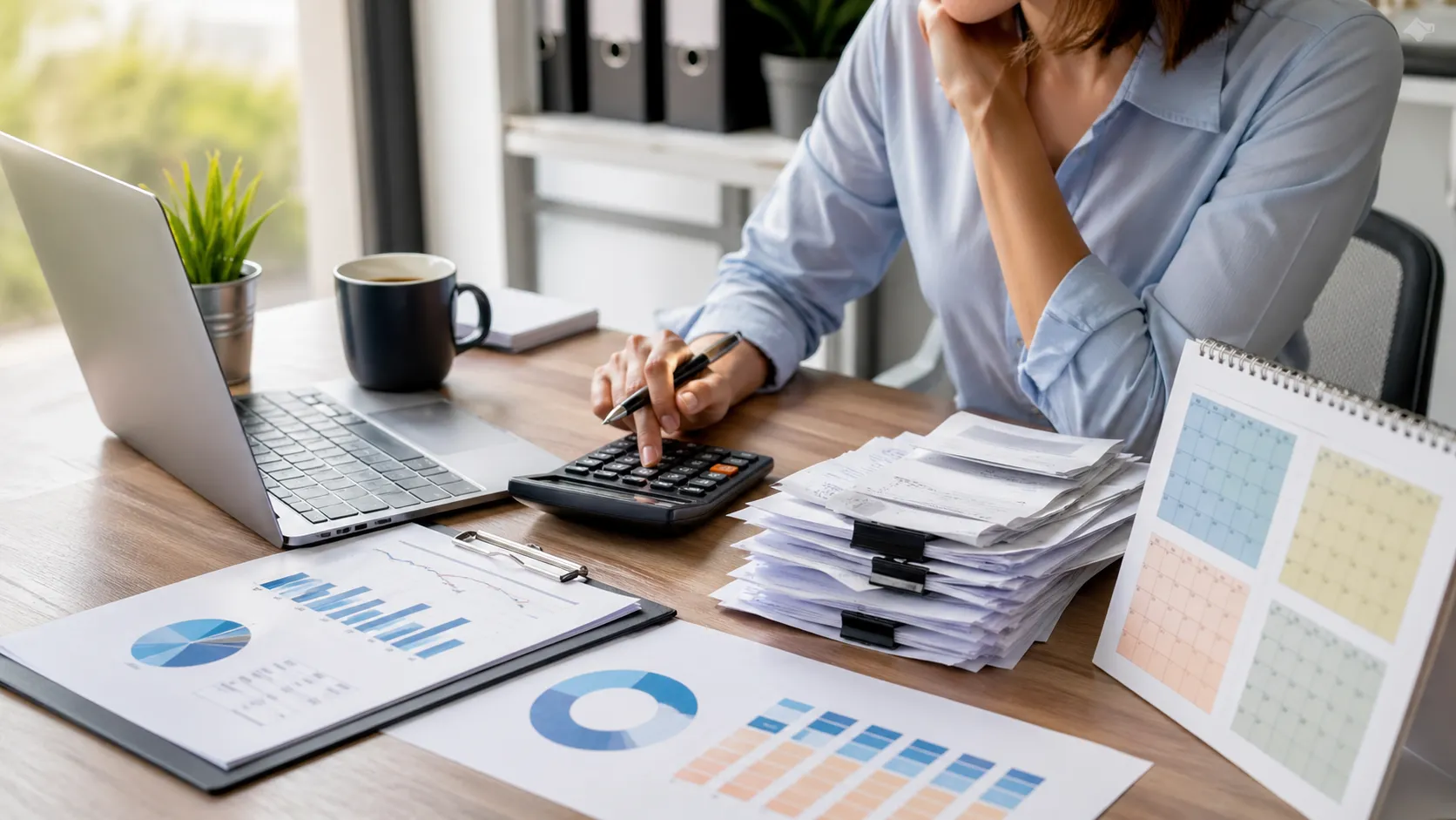 Ondernemer berekent de kwartaal-btw met facturen, laptop en financiële overzichten.