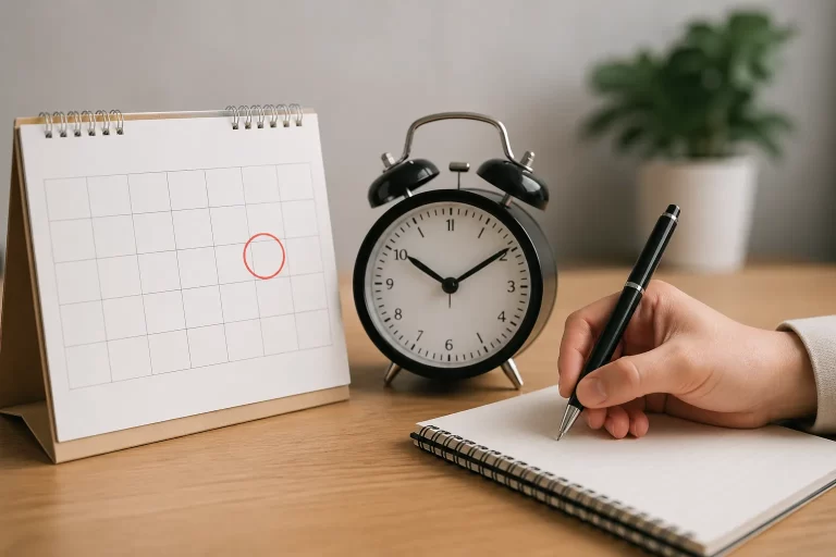 Een rustige werkplek met kalender en zandloper als symbool voor de naderende deadline voor aangifte en betaling.