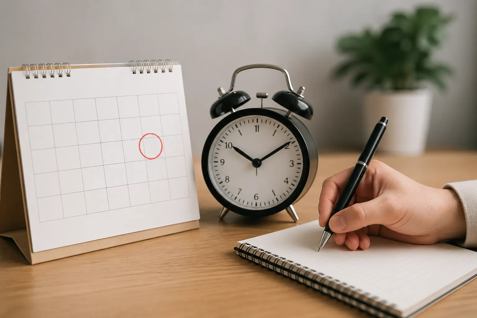 Een rustige werkplek met kalender en zandloper als symbool voor de naderende deadline voor aangifte en betaling.