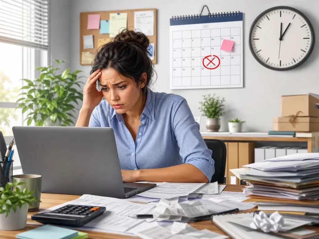 Ondernemer achter laptop met papieren, klok en gemarkeerde kalenderdeadline.