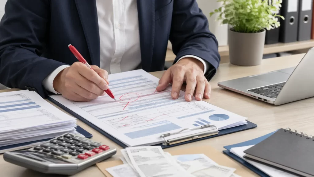Een professional controleert documenten en markeert fouten om een belastingaangifte te herstellen.
