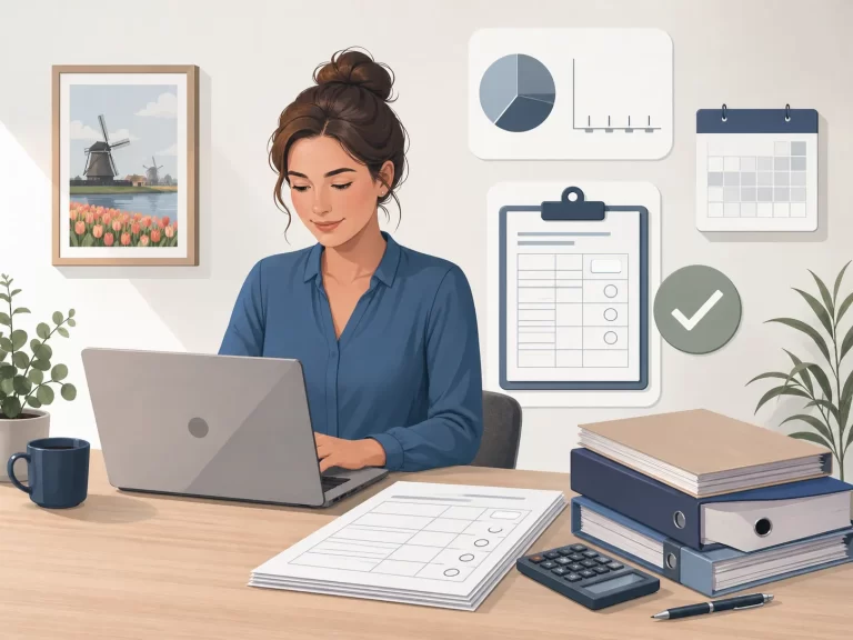 Ondernemer doet rustig de btw-aangifte met lege administratie en overzichtelijke formulieren.