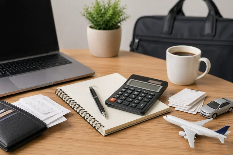 Een nette werkplek met bonnetjes, rekenmachine en reisaccessoires voor zakelijke administratie.